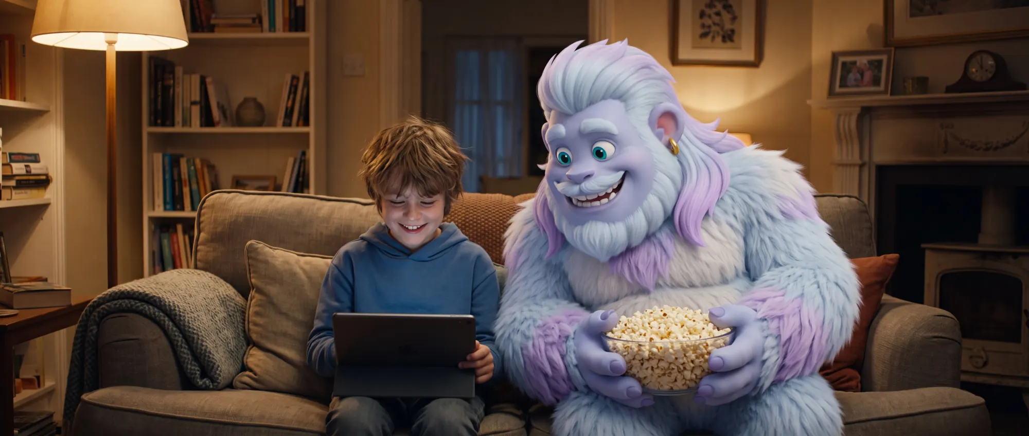 A boy on the couch with Big Broh, sharing popcorn